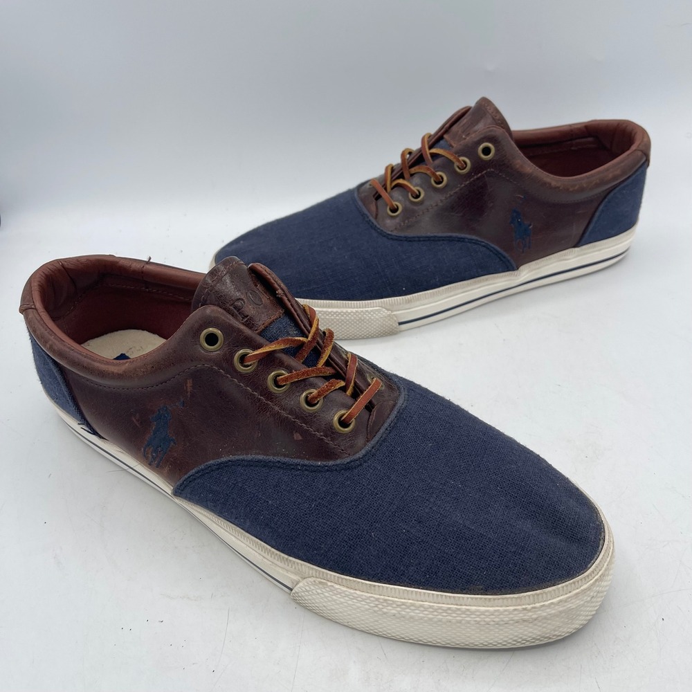 Polo Ralph Lauren Vaughn Saddle Navy Linen Brown Leather Sneakers Mens 11D